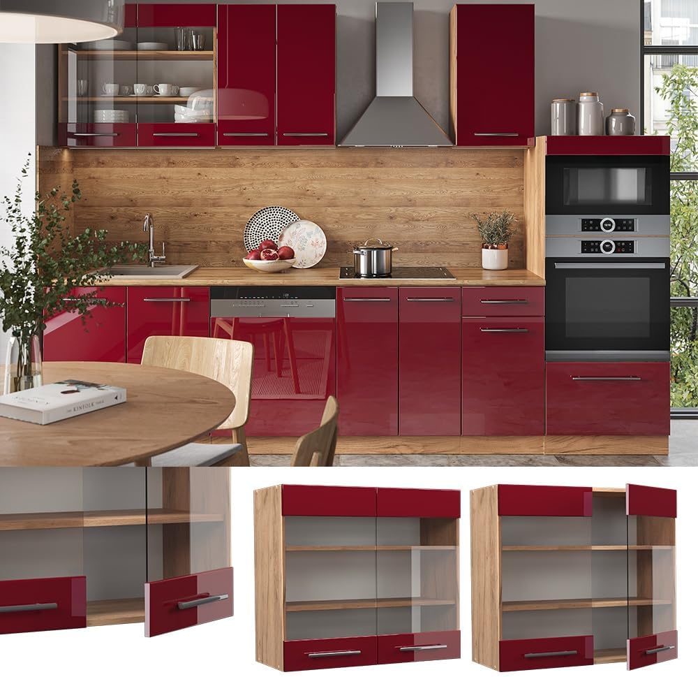 Vicco Küchenschrank Glas Fame-Line, Bordeaux Hochglanz/Goldkraft Eiche, 80 cm Hängeglasschrank 80 cm