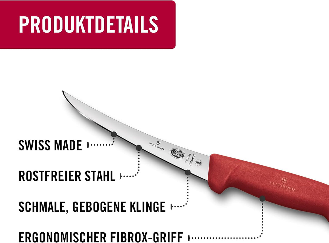 Victorinox Fibrox Ausbeinmesser, Scharfes Küchenmesser für Fleisch und Fisch, 15 cm, Gebogene Klinge