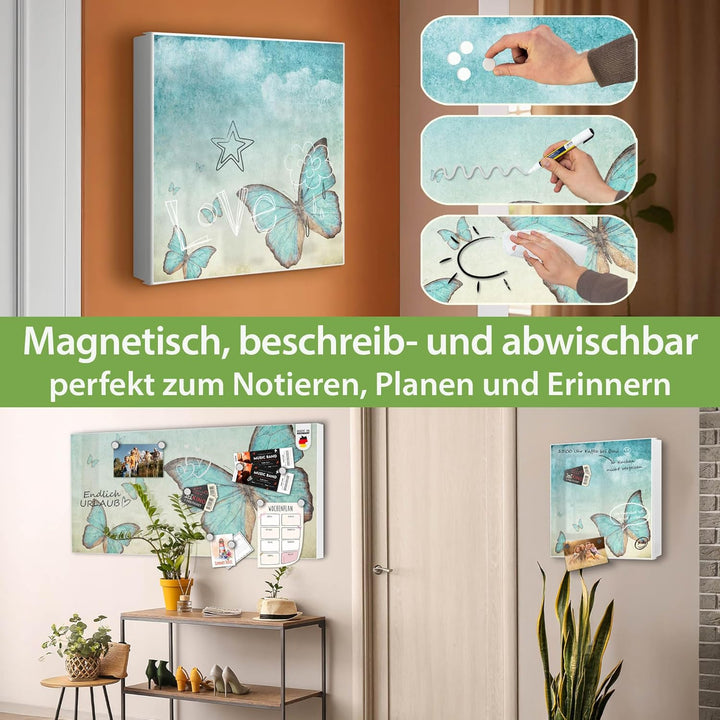 banjado® Grosser Schlüsselkasten Glas/Schlüsselbox 30cm x 30cm mit 50 Haken - Motiv Blaue Schmetterl