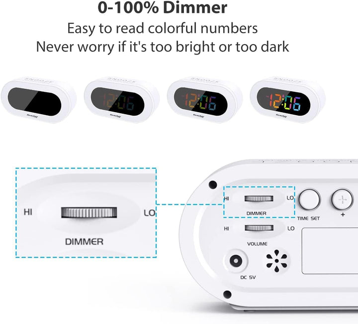 REACHER Kleiner Bunter LED Digital Wecker mit Snooze, Einfach zu Bedienen, Helligkeitsdimmer, Einste