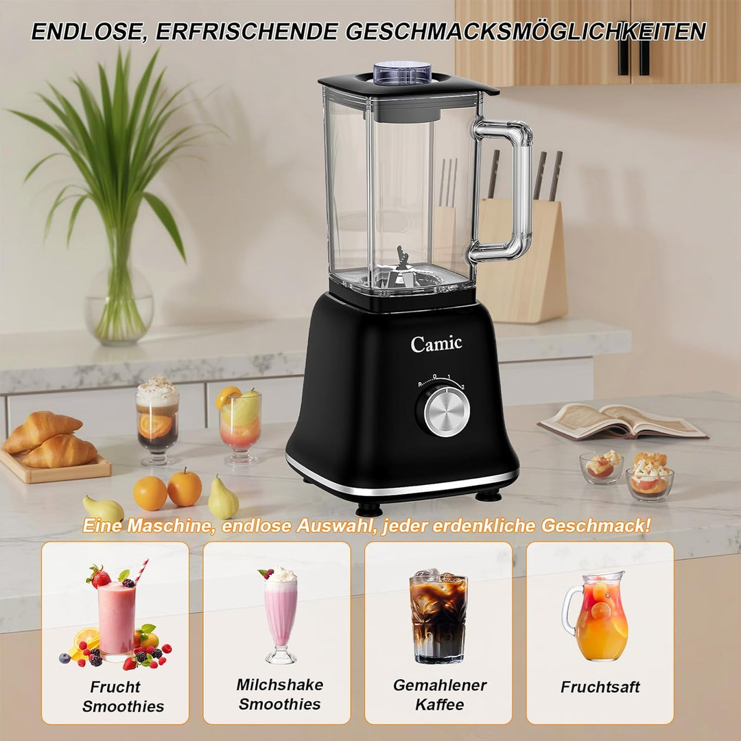 Camic Standmixer 1200W Hochleistungsmixer 3-in-1 mit 1,6L Glasbehälter Mixer & 400ml Reisebecher & 2