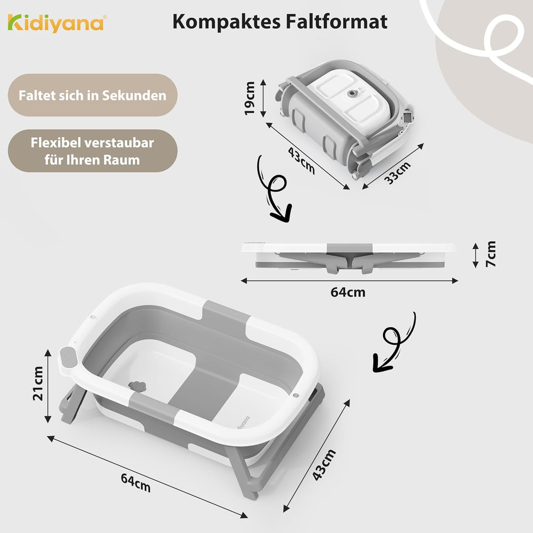 Baby Badewanne faltbar mit Gestell, stabil und rutschfest, platzsparend klappbar, mit Ablauf, PP & T