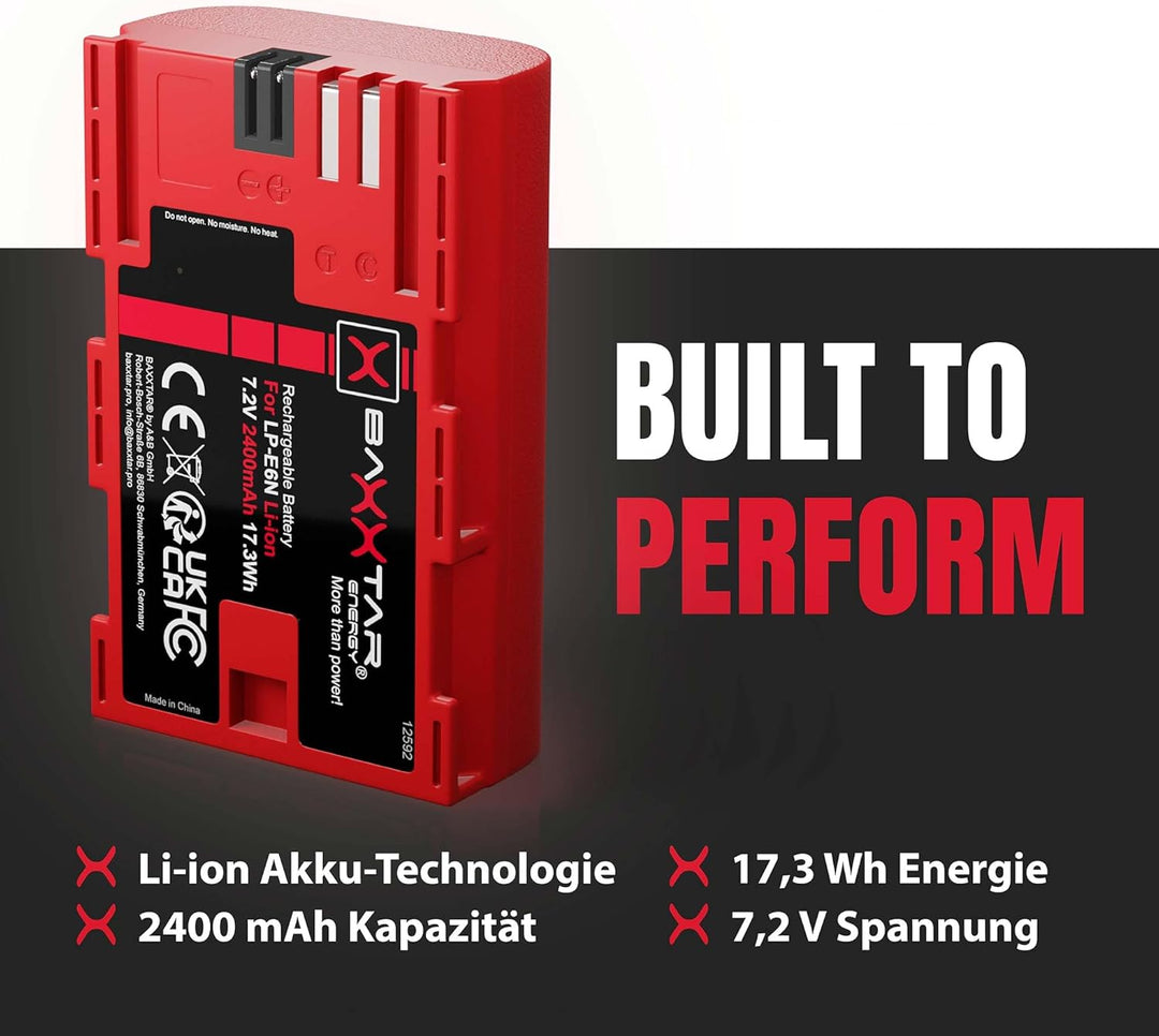 Baxxtar LP-E6N Akku 2400mAh Ersatzakku kompatibel mit Canon EOS 5D Mark II Mark III 5DS R5 R 6D 7D 6
