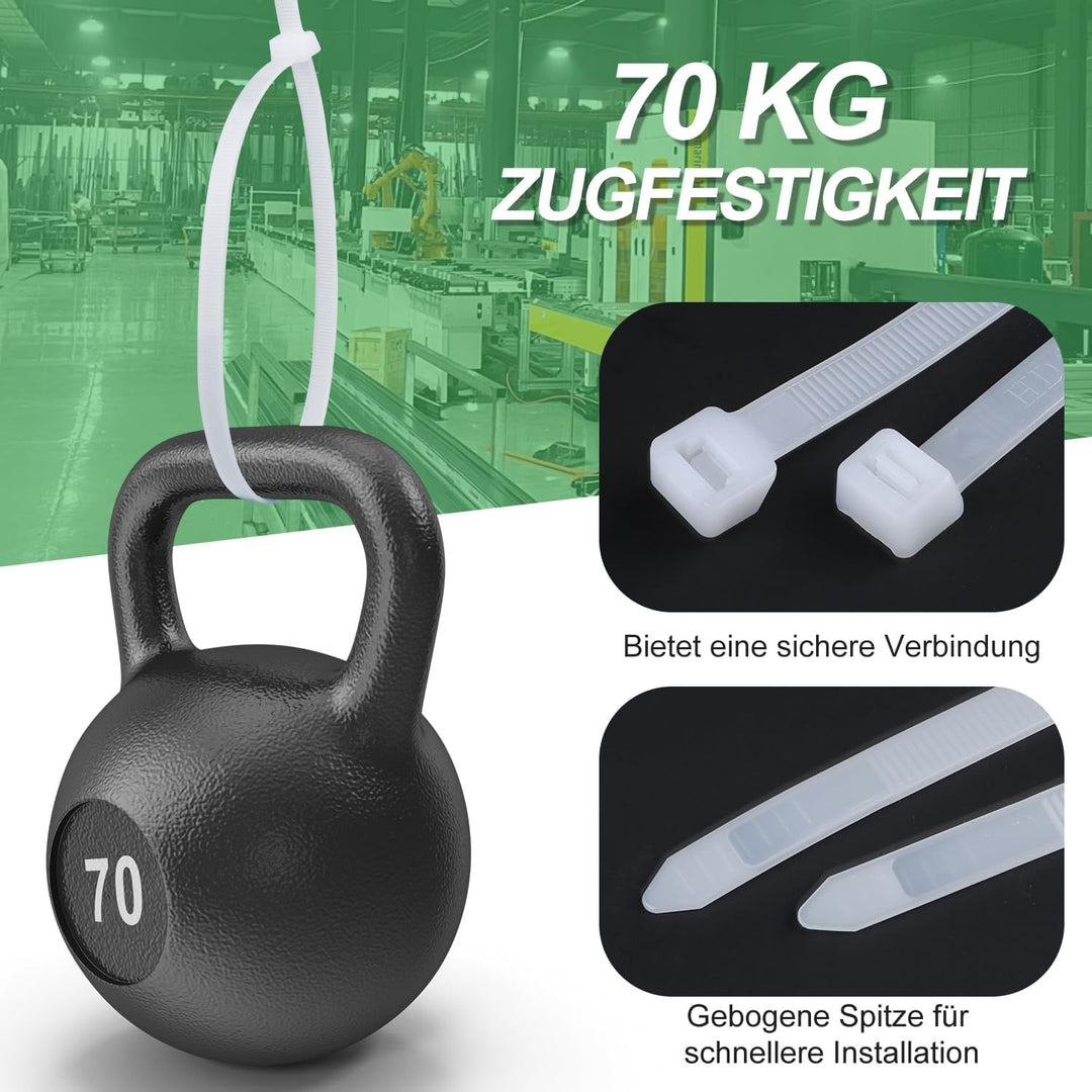 Kabelbinder Weiss Extra Lang 100 Stück 650 × 8.8mm Breit Cable Ties mit 70 kg Zugfestigkeit Kann im