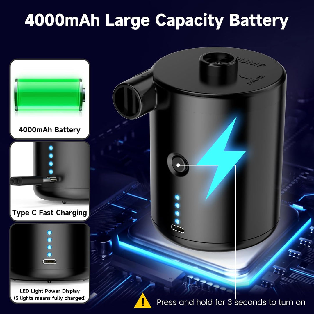 Elektrische Luftpumpe, 4000mAh Akku Elektrische Pumpe mit 4 Düsen für Luftmatratze, Matratze, Pool,