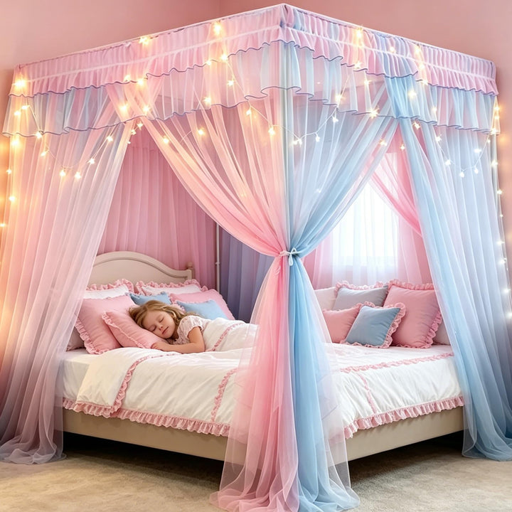 YOUYIKE Betthimmel Mädchen, 200x150x200cm Rosa Blau Zweifarbiger Moskitonetz mit LED Warmweiss Licht