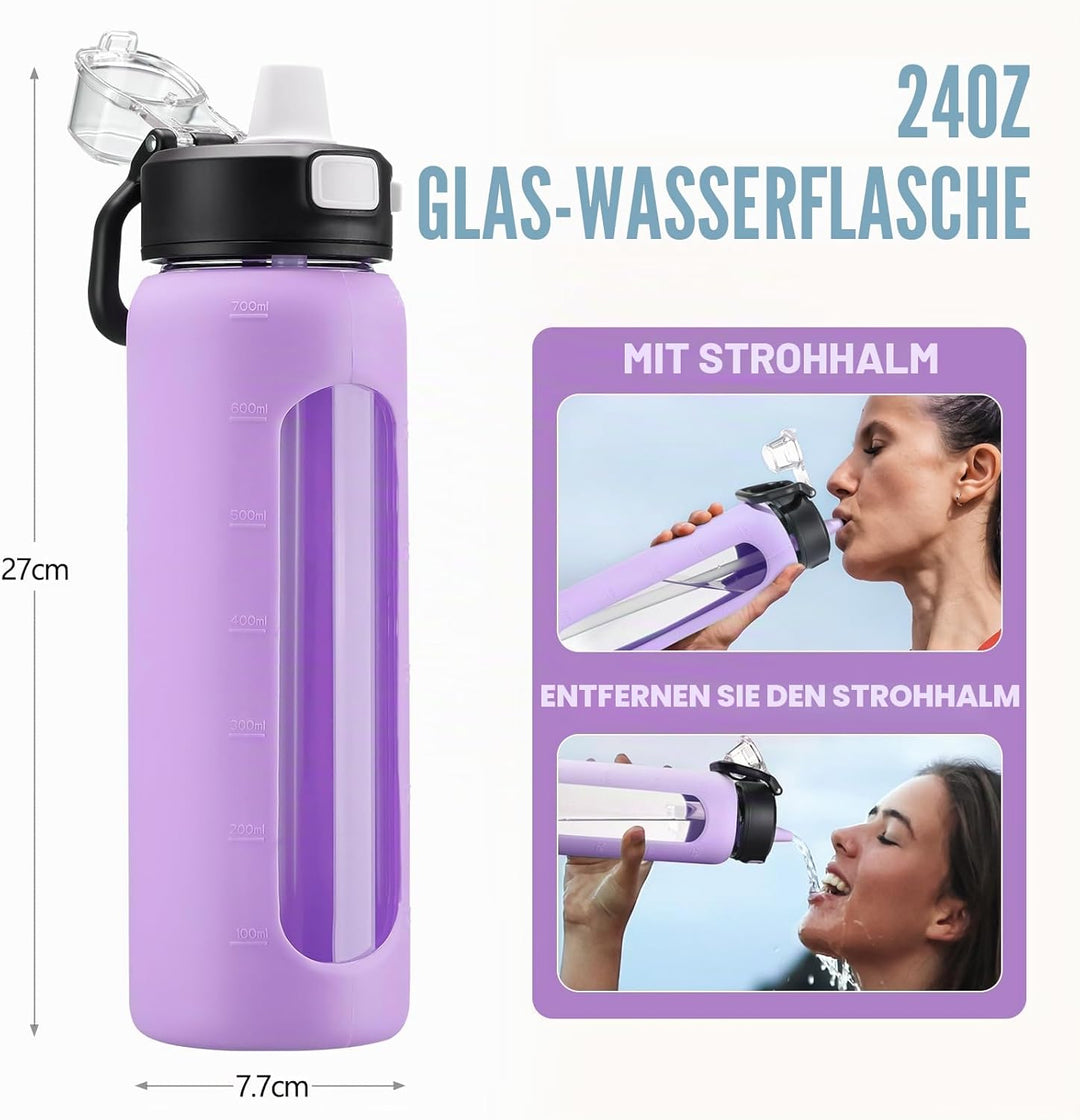BLUEGO 700ml Trinkflasche Glas mit Strohhalm und Griff Auslaufsichere Wasserflasche mit Silikonhülle