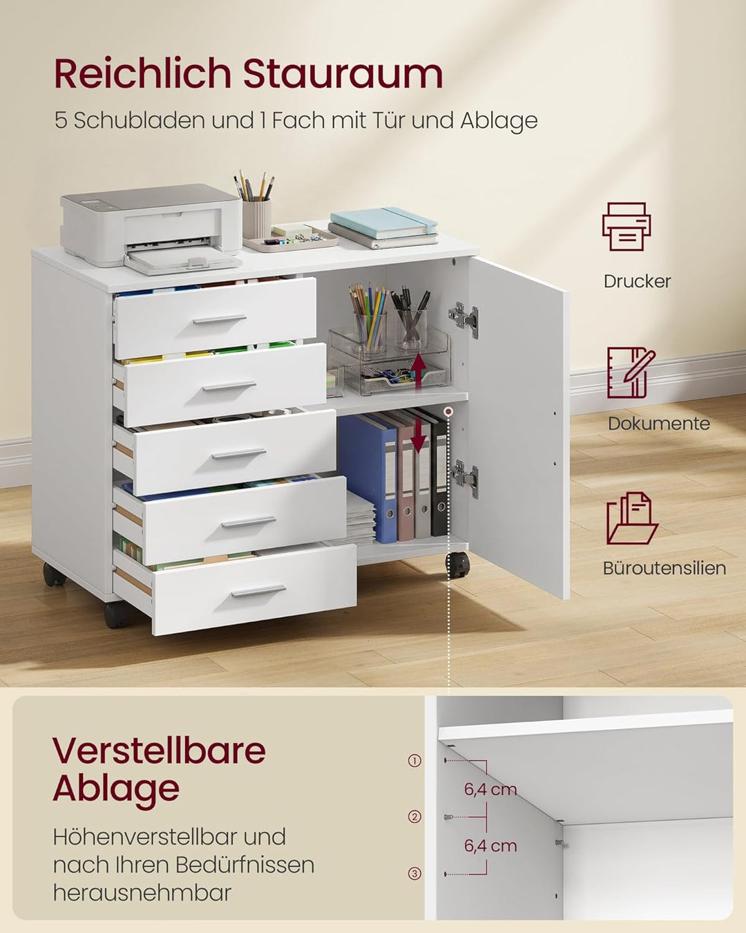 VASAGLE Rollcontainer, mobiler Aktenschrank, Schubladenschrank, Schrank mit Tür, Druckerständer mit