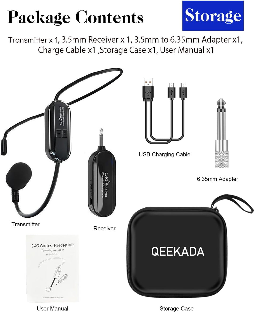 Wireless Mikrofon Headset, 2.4G Kabelloses Mikrofon, funkmikrofon headset mit 50M Reichweite, Wieder