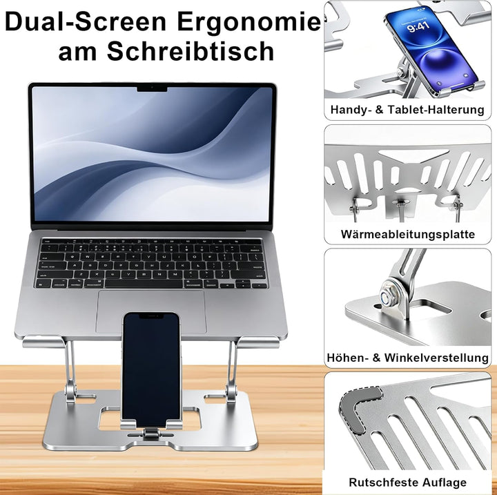 Laptop Ständer Höhenverstellbar mit integriertem Handyhalter platzsparend klappbar ergonomische Lapt