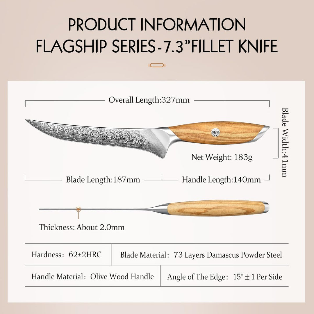HEZHEN 73 Lagen Damaststahl Filetiermesser, Professionelles Fischmesser, Damast Ausbeinmesser, Full