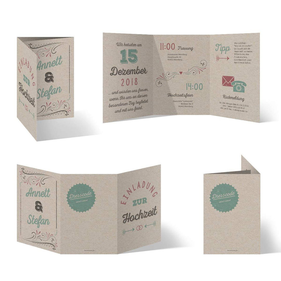 10 x Hochzeitseinladungen individuell mit Ihrem Inhalt als Klappkarte im Wickelfalz - Vintage Letter