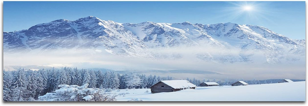 Wandbild auf Leinwand als Panorama in 150x50cm Winterlandschaft Berge Wald Häuser Schnee