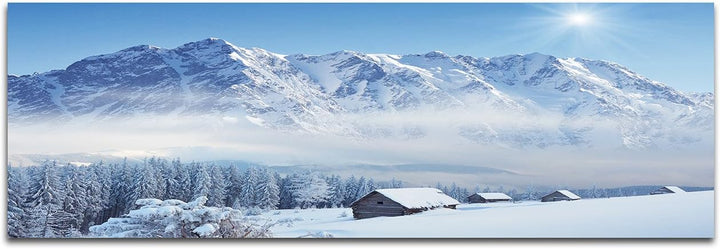 Wandbild auf Leinwand als Panorama in 150x50cm Winterlandschaft Berge Wald Häuser Schnee