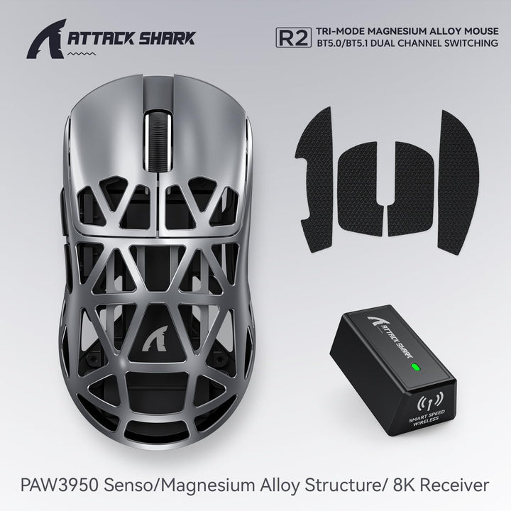 ATTACK SHARK R2 Gaming-Maus aus Magnesium, PixArt PAW3950 Sensor, kabellos, 8K, 48g, superleicht, BT