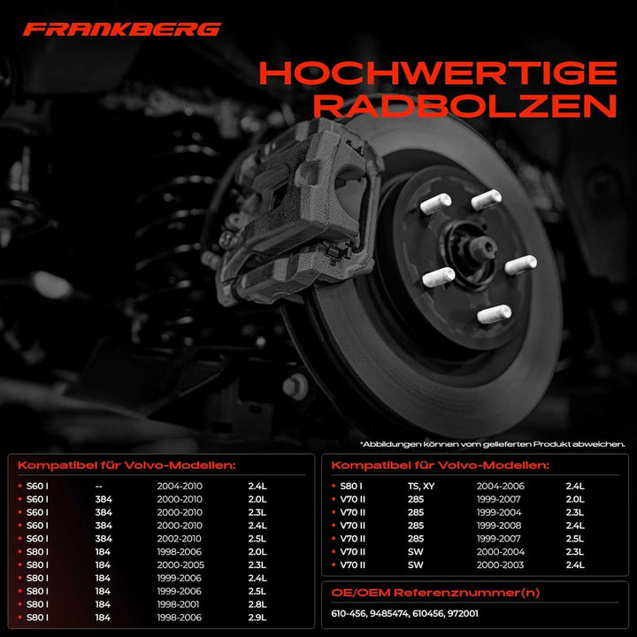 Frankberg 10x Radbolzen Radschraube Vorne Hinten Kompatibel mit S60 I 384 S80 I 184 TS XY V70 II 285