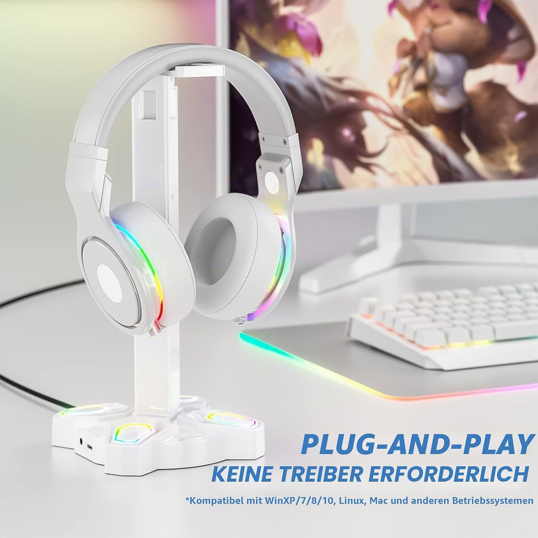 RGB Kopfhörer Halter, KDD Headset Halterung Drehbar mit 9 Lichtmodi, Controller Halter mit 2 USB Ans