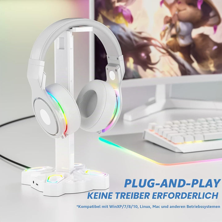 RGB Kopfhörer Halter, KDD Headset Halterung Drehbar mit 9 Lichtmodi, Controller Halter mit 2 USB Ans