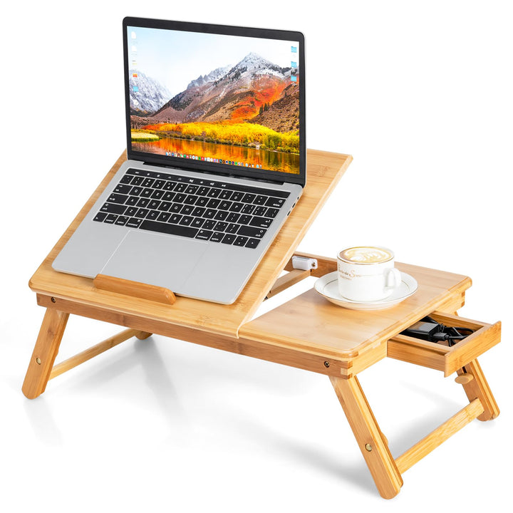 LIFEZEAL Laptoptisch Bambus fürs Bett, Höhenverstellbarer &amp; Klappbarer Betttisch, Tragbarer Betttabl