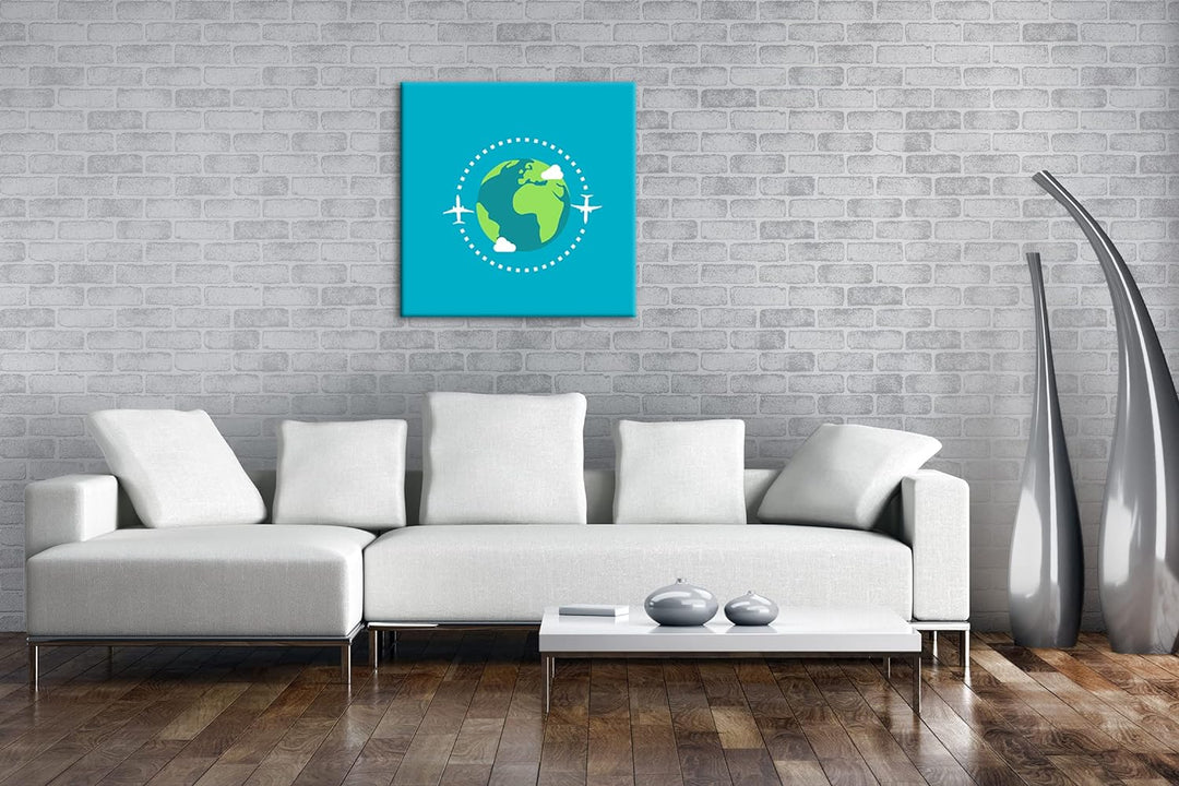 Flugzeug um die Erde Logo Format: 70x70 als Leinwandbild, Motiv fertig gerahmt auf Echtholzrahmen, H