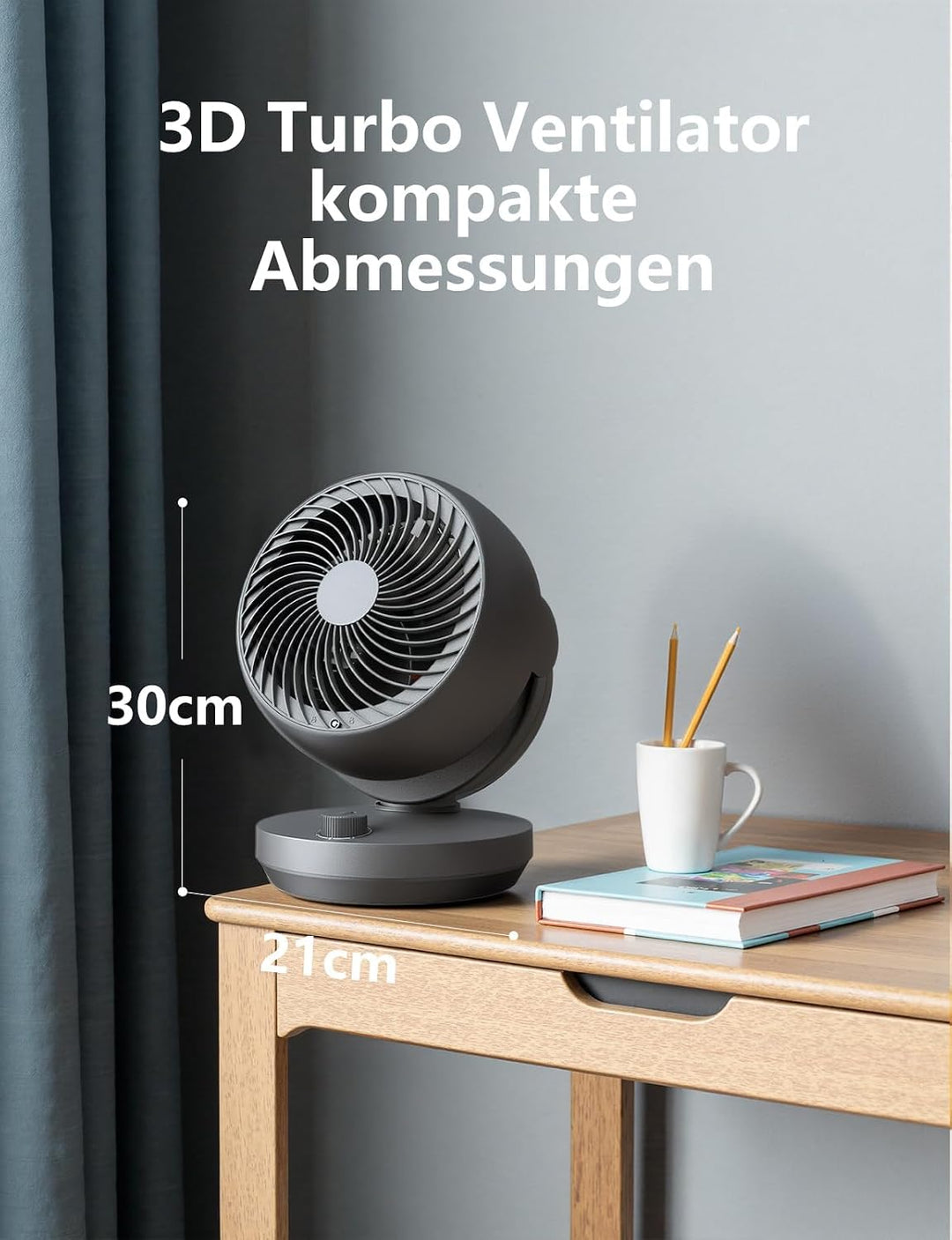 Ventilator Leise, 22dB Tischventilator mit Luftzirkulation, 3D Turbo Air Circulator, 3 Stufen & 100°
