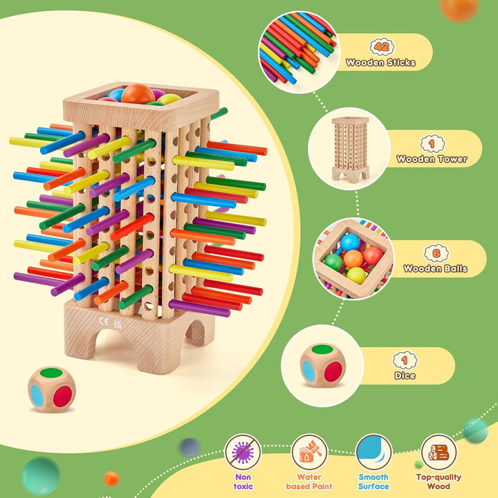 Montessori Spiel Brettspiel aus Holz, Würfelspiel für die Familie, 42 Stück Holzstäbchen Feinmotorik