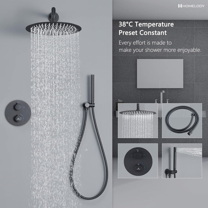 HOMELODY Schwarz Duscharmatur Regendusche Unterputz Duschsystem mit Thermostat,Unterputz Duscharmatu