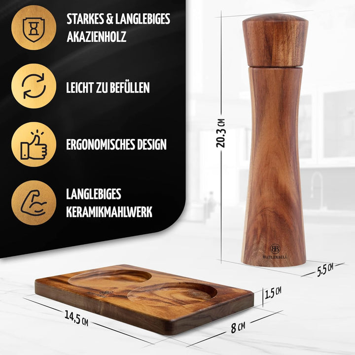 Salz und Pfeffermühle Holz inkl. Untersetzer | 2er Set Gewürzmühle mit verstellbarem Keramikmahlwerk