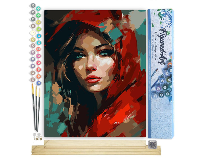 Figured'Art Malen Nach Zahlen Erwachsene Mit Rahmen Frau im Roten Schal - Paint by Numbers Basteln D