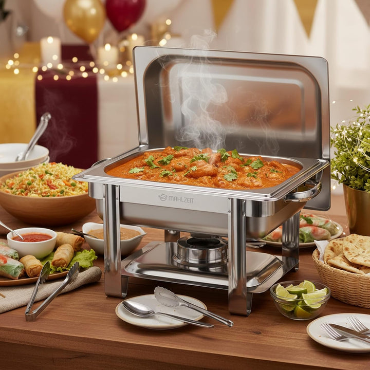 Mahlzeit Edelstahl Chafing Dish 4 Liter | Speisenwärmer mit Deckelhalter, Warmhaltebehälter Essen |