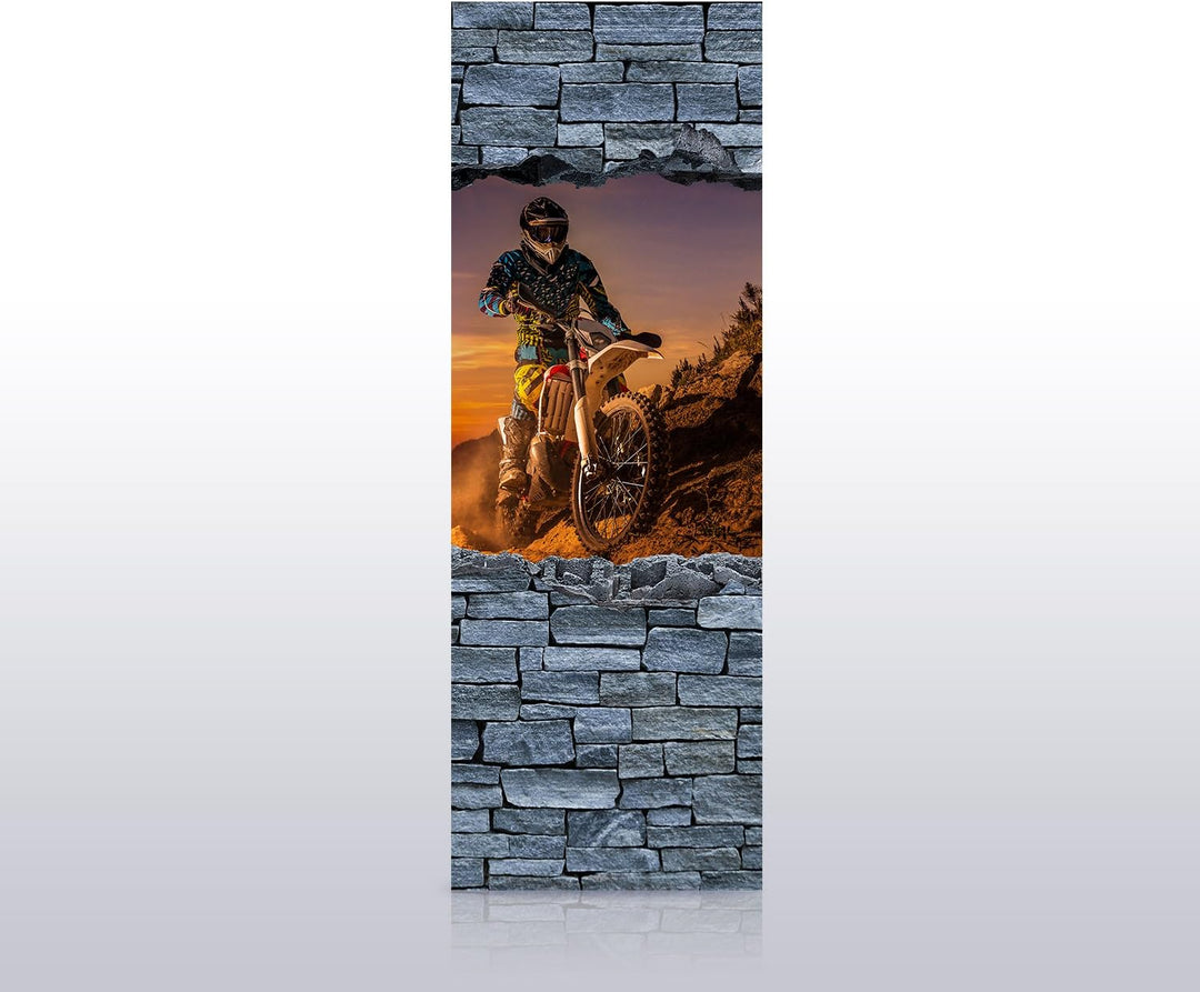 wandmotiv24 Türtapete 3D Extreme Biker- grobe Steinmauer 70 x 200cm (B x H) - Dekorfolie selbstklebe