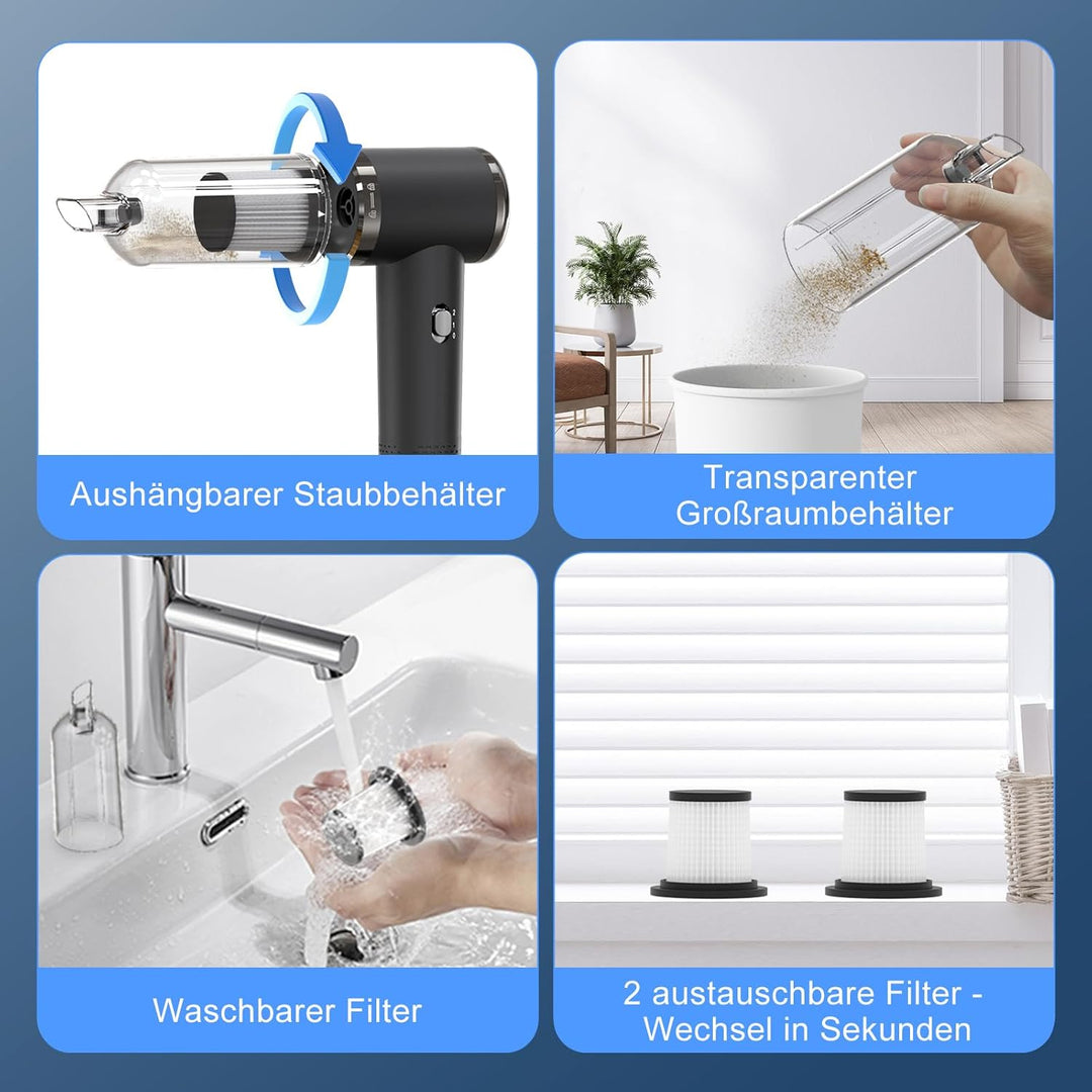 Handstaubsauger Akku, 22000Pa Mini Staubsauger Auto mit 25–35 Minuten, 4 in 1 Autostaubsauger Kabell