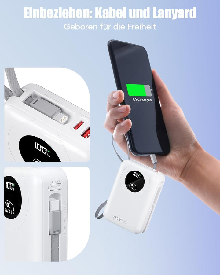 20000mAh Power Bank mit integriertem Kabel: 22.5W Schnell Aufladende Externe Batterie für Handy, USB