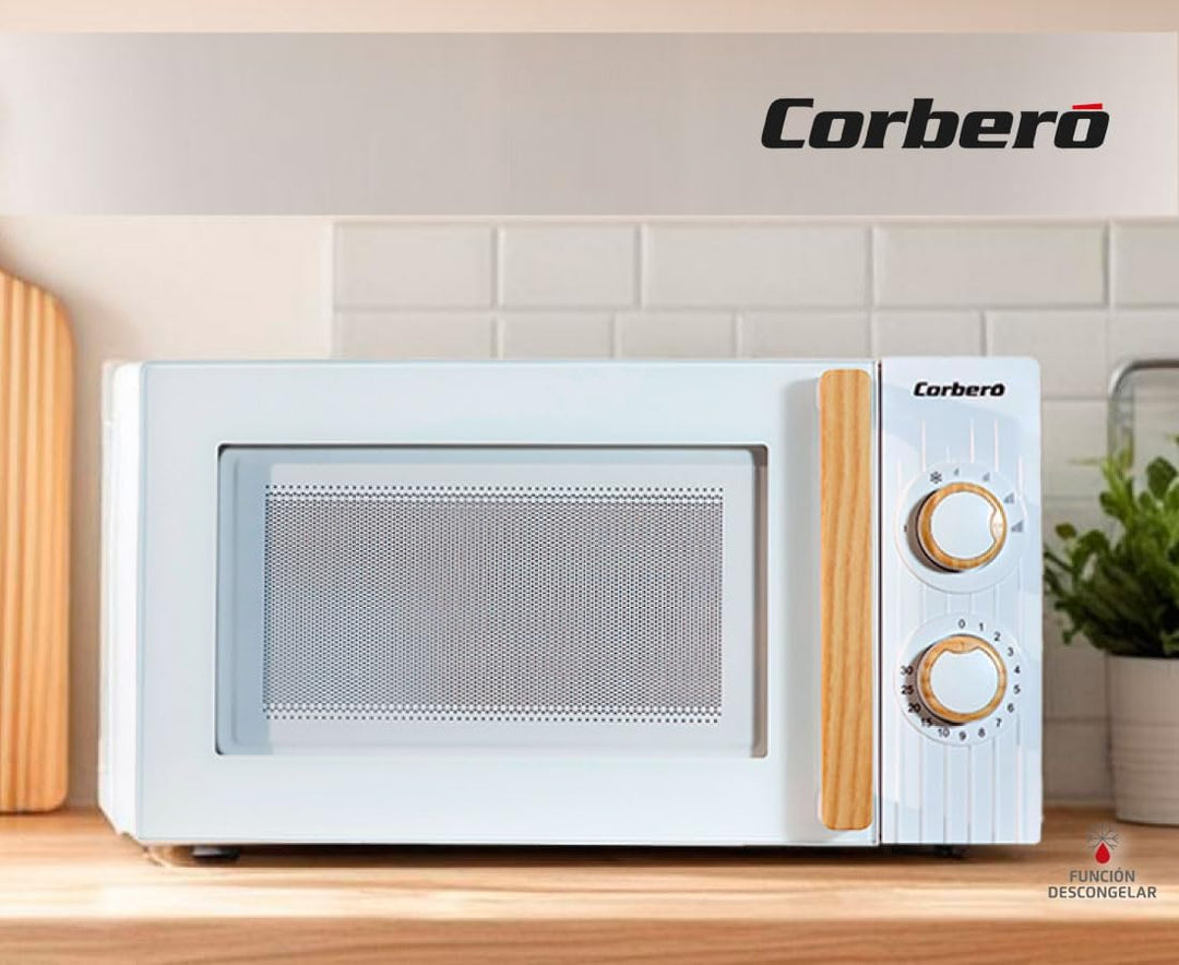 Corberó CMICG270WOODW Mikrowelle, 20 Liter, Weiss, Leistung 700 W, Auftauen, 5 Leistungsstufen, mech