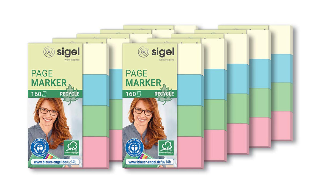 SIGEL HN604/10 Haftmarker aus Recycling-Papier, 10 Stück á 160 Streifen im Format 20 x 50 mm, gelb,