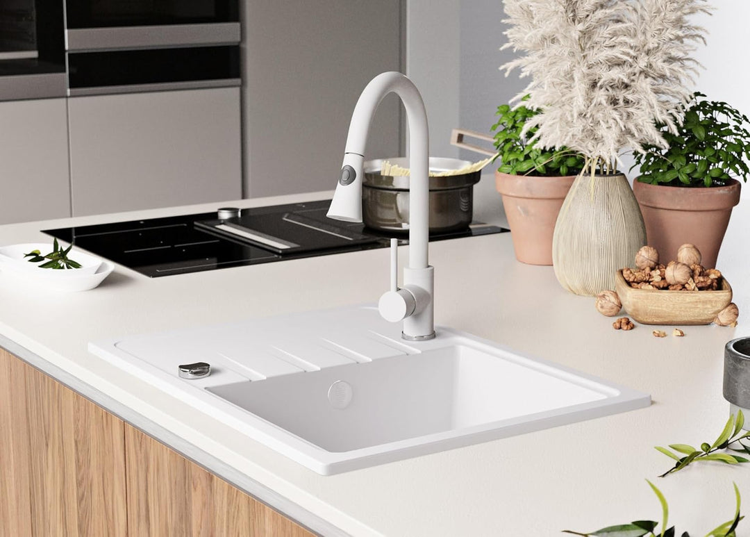 PRIMAGRAN Granitspüle Weiss 62x50cm, Granitspüle 1 Becken + Ablauf-Set, Küchenspüle ab 40er Untersch