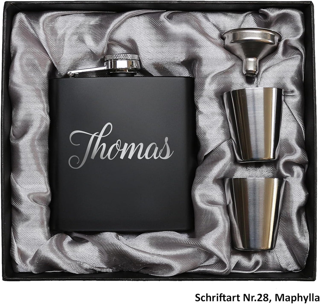 Flachmann mit Gravur. Edelstahl Flachmann personalisiert. Geschenke für Männer. Schwarz, Schwarz