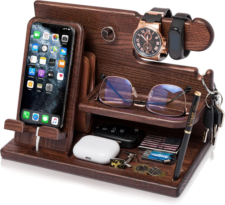 Holz Telefon Dockingstation Asche Baum Geldbörsenständer & Uhren Organizer Herren Weihnachten Gesche