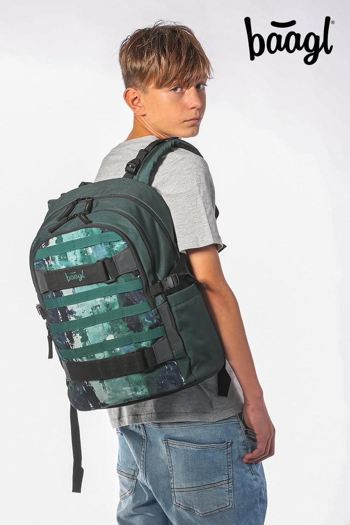 Baagl Schulrucksack Set Jungen 3 Teilig (Skateboard Rucksack, Mäppchen, Sporttasche), Schultasche ab