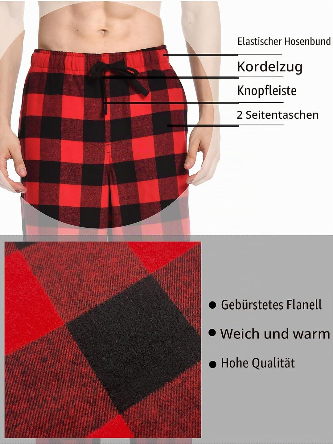 Nutria Herren Pyjamahose aus Flanell, 100% Baumwolle Kariert Weiche Schlafanzughose Warm Loungehose