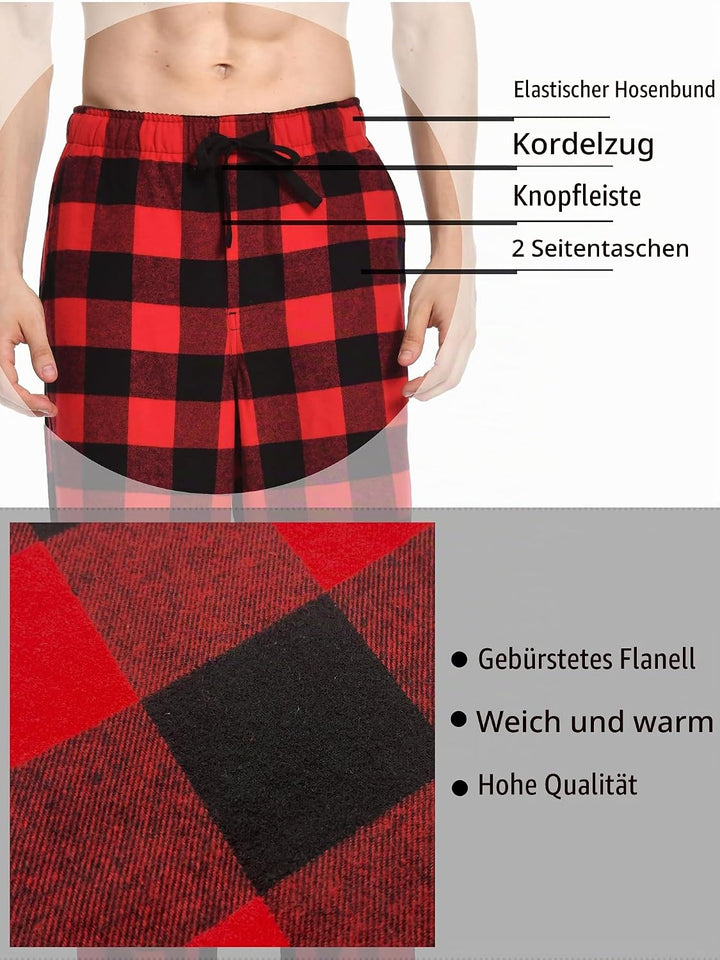 Nutria Herren Pyjamahose aus Flanell, 100% Baumwolle Kariert Weiche Schlafanzughose Warm Loungehose
