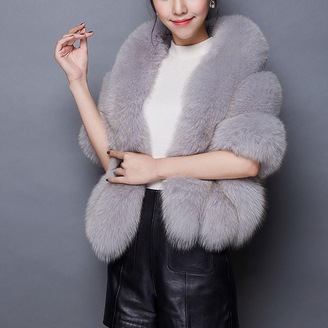 Damen Mode Herbst Schal Stola Winter Umhang Poncho Cape aus Kunstfell Jacke Mantel Brautkleid Grau E