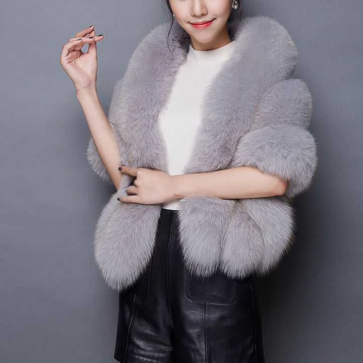Damen Mode Herbst Schal Stola Winter Umhang Poncho Cape aus Kunstfell Jacke Mantel Brautkleid Grau E
