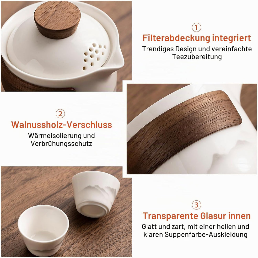 BAIFULAI Chinesisches Gongfu-Tee-Set: Tragbares Keramik-Teeset mit 1 Kanne (200 ml) und 3 Tassen (45