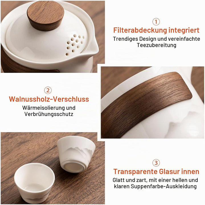 BAIFULAI Chinesisches Gongfu-Tee-Set: Tragbares Keramik-Teeset mit 1 Kanne (200 ml) und 3 Tassen (45