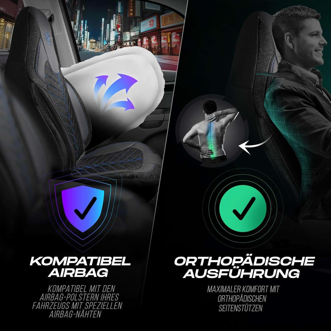Autositzbezüge Universal für Wohnmobil & Caravan - Vordersitze Auto Sitzbezug aus Leinen, Schwarz-Bl