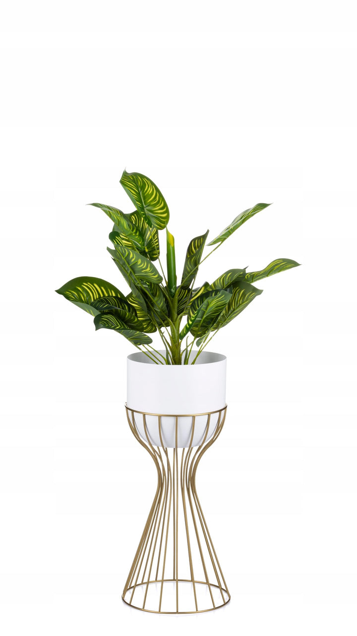 Moderne Blumenständer Metall 46 cm Hoch mit Weiss Blumentopf Rund 18 cm Ø auf Robuste Gold Ständer -
