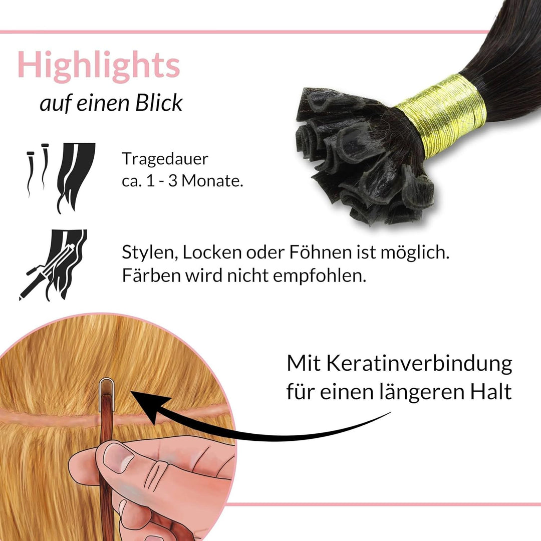hair2heart Extensions Echthaar Bondings glatt - 25 Strähnen 1g 50cm 4/0 mittelbraun #1b Naturschwarz