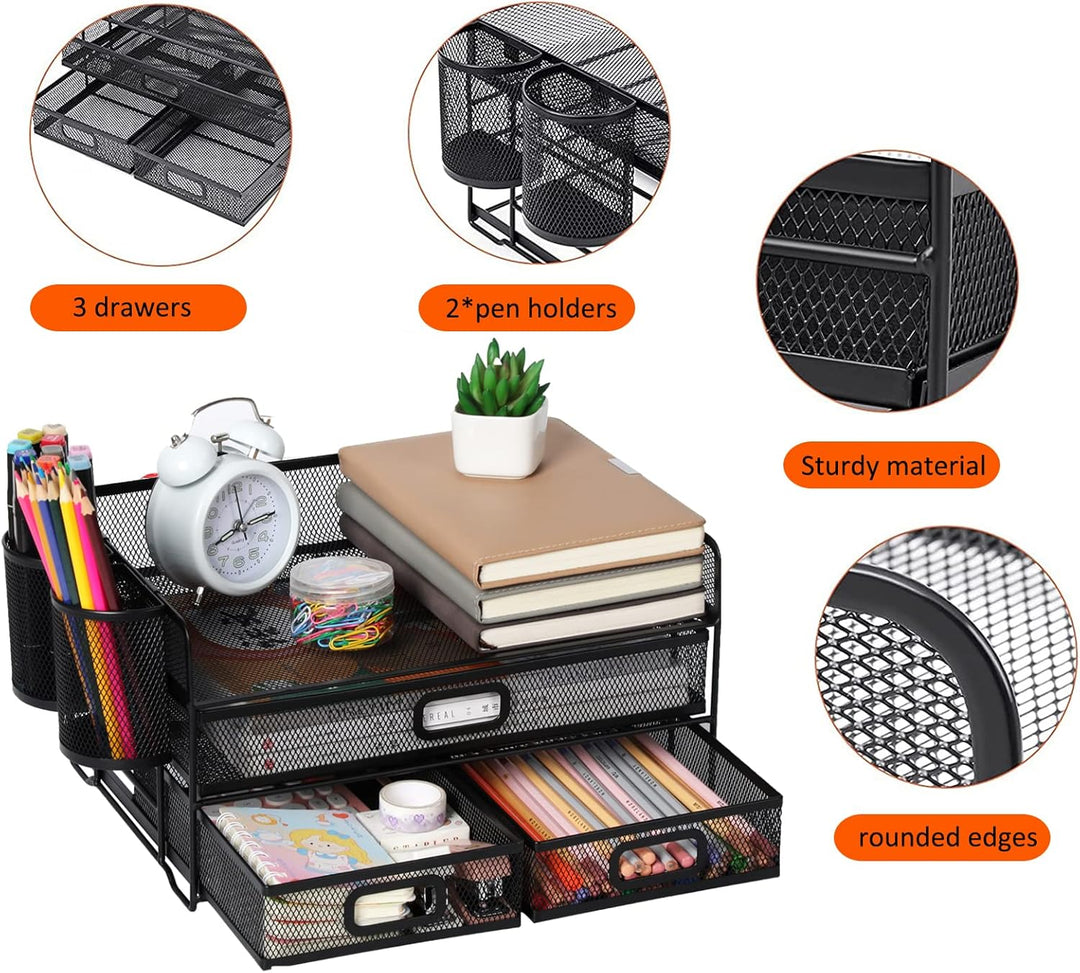Vikmyer 3-Trays Desktop Organizer mit Schublade, Mesh Büro Schreibtisch liefert Organizer Dokumenten