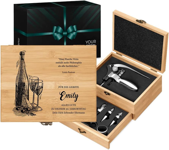 Maverton Weinöffner-Set personalisiert Weinset Sommelier Set - Geschenkbox Holzbox + 8er Weinzubehör